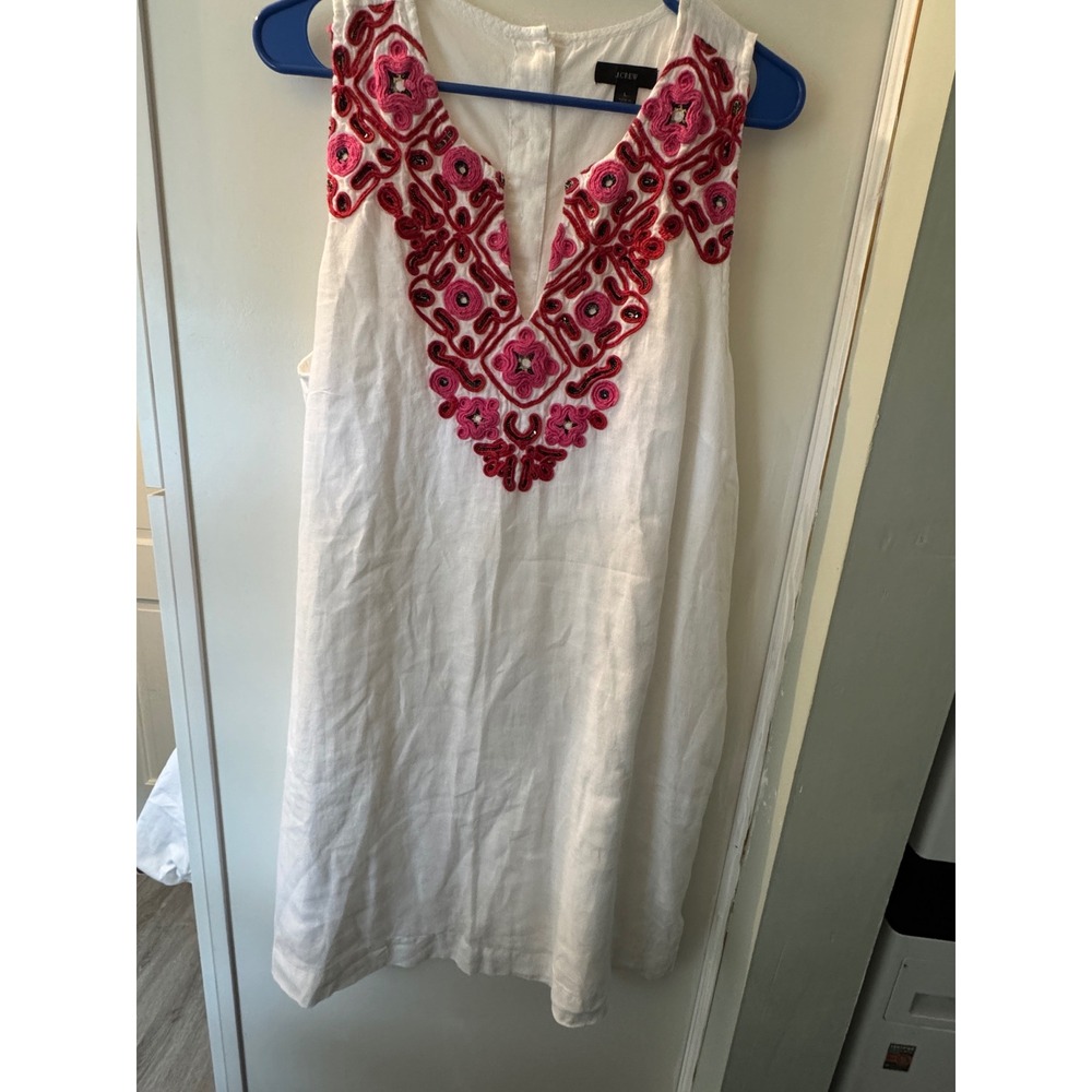 J.Crew Womens White Linen Embroidered V-Neck Shift Dress Pink Floral Size L